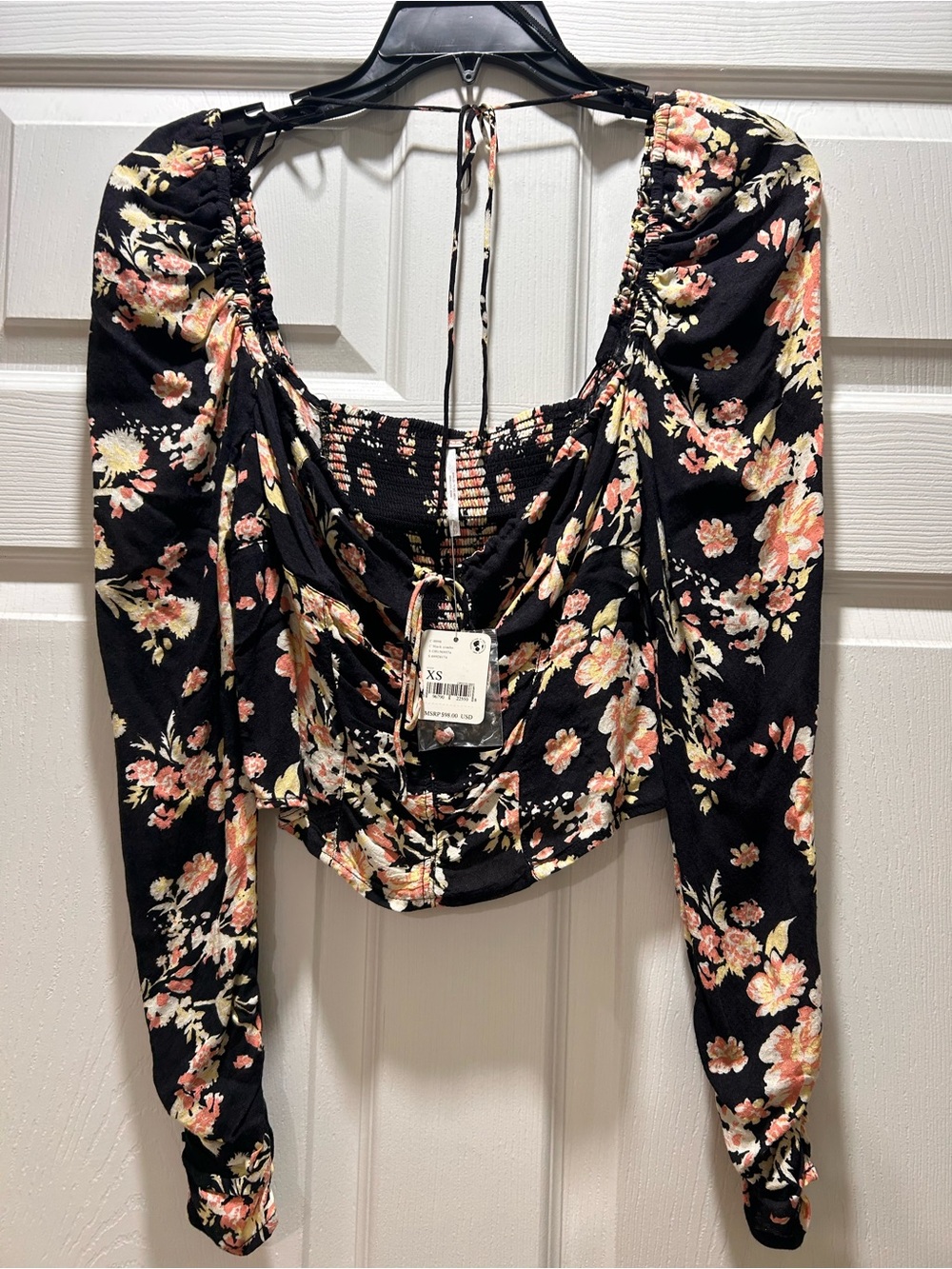 Free People Black Floral Ruched Tie-Back Puff Sleeve Crop Top